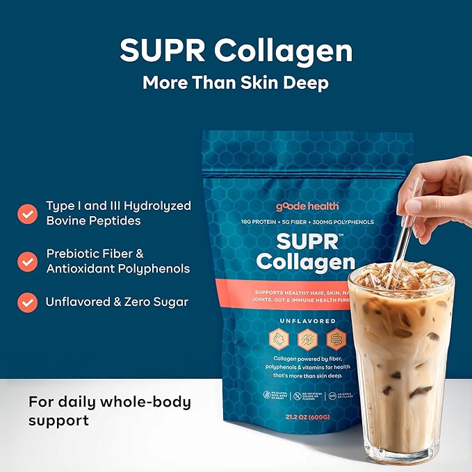 Goode Health SUPR™ Collagen Powder Unflavored - Type I &amp III Hydrolyzed Collagen Peptides with Fiber &amp Polyphenols - Daily Nutrition Support for Gut Skin &amp Hair - No Sugar - 25 Servings