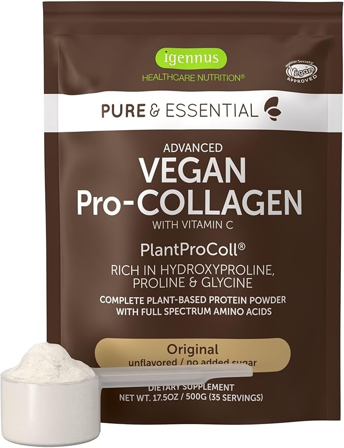 Igennus Vegan Collagen Peptide Powder Enhanced with Glycine Proline &amp Hydroxyproline &amp Cofactor Vitamin C Non GMO Complete Vegetarian Plant Based Collagen Powder Booster 35 Servings