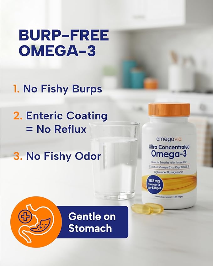 OmegaVia Ultra Concentrated Omega 3 Fish Oil Burpless 60 Softgels Triple Strength Omega 3 Fish Oil Supplements 1135 mg Pure Omega3 No Fishy Burps High EPA DHA DPA IFOS 5-Star