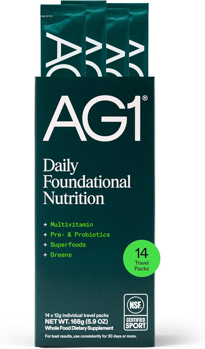 AG1 Athletic Greens Powder Supplement Improve Gut Health Multivitamin Probiotic Gluten Free Vegan and Keto Friendly 75 Vitamins (Travel Packs 14 Count) - Classic Formula