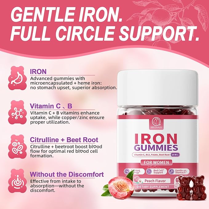 Iron Gummies for Women - Heme Iron for Max Absorption &amp Gentle on Stomach 10-in-1 with Vitamin C B12 Folate Supports Energy Focus &amp Red Blood* Cell* Wellness Peach Flavor 60 Counts (2 P