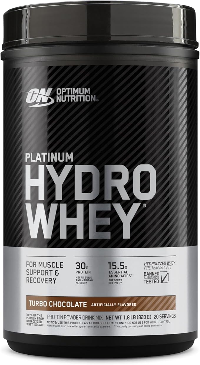 Optimum Nutrition Platinum Hydrowhey Protein Powder 100% Hydrolyzed Whey Protein Isolate Powder Flavor: Turbo Chocolate 20 Servings 1.8 Pounds (Packaging May Vary)