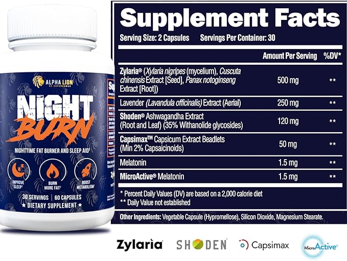 ALPHA LION Night Burn Metabolism Booster for Weight Loss Less Body Fat More Muscle Promotes Lean Body Calorie Burning Supplement Relax Better Promote Healthy Cortisol (60 Capsules)