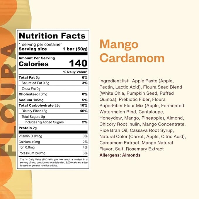 Floura Mango Cardamom Fruit-Forward Fiber Bars– High Fiber Vegan Gluten &amp Dairy Free Low Calorie Healthy Snack Bars with Upcycled Produce for Gut Health [10 Pack]