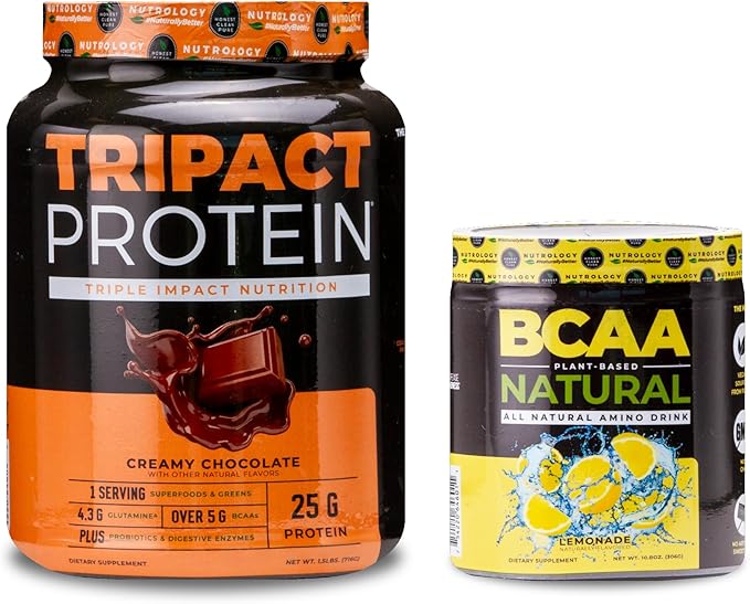 Nutrology TRIPACT Protein Powder 7-in-1 Meal Replacement Shake Creamy Chocolate Flavor (20 Servings) BCAA Natural Plant Based BCAA Powder Lemonade Flavor (30 Servings)
