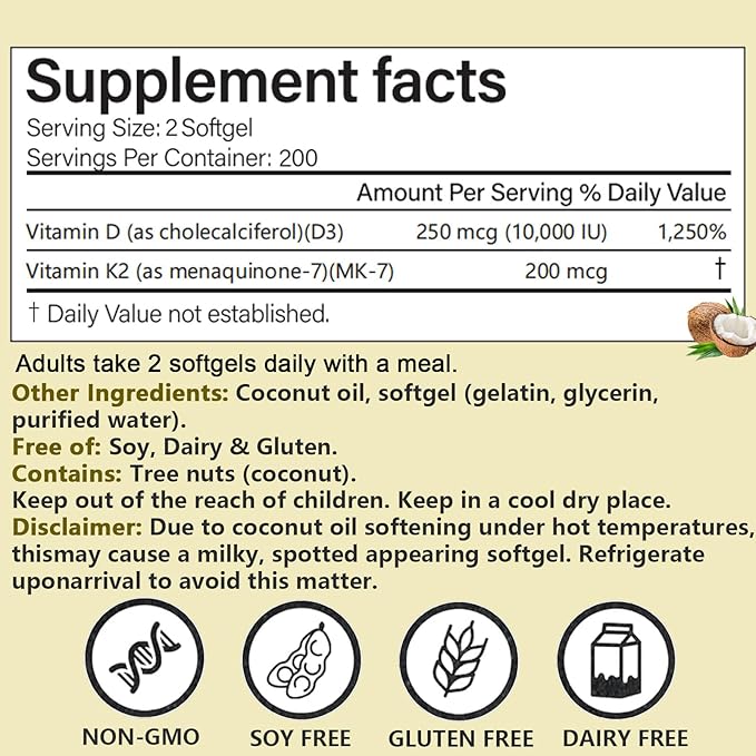 Real Good Essentials Vitamin D3 K2 10000 IU 200 Virgin Coconut Oil Softgels 2 in 1 Vitamins Supplement D &amp K (Include MK7) Easy to Swallow Supports Calcium Absorption Bone Health (1pc)