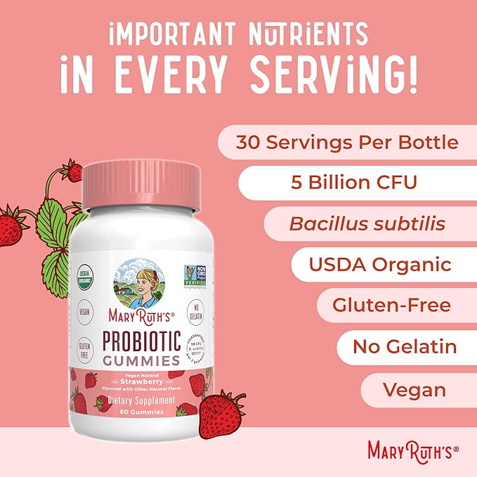 MARYRUTH'S USDA Organic Probiotic Gummies Probiotic Digestive Support | Immune Support | Digestive &amp Gut Health Supplement | 5 Billion CFU | Vegan | Non-GMO | Gluten Free | 60 Count