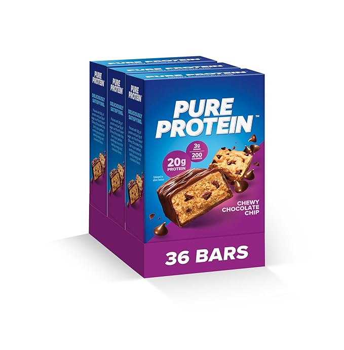 Pure Protein Chewy Chocolate Chip Protein Bars – 20g Protein 3g Sugar 190 Calories (36 count) Low Sugar* High Protein Snack - Gluten Free - Perfect for a Healthy Snack