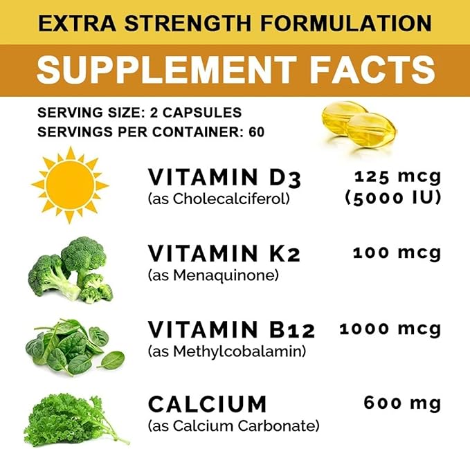Extra Strength 4-in-1 Calcium 600mg + Vitamin D3 5000iu + K2 + B12 Natural Supplement Complex for Bone and Immune Health 2 Month Supply 120 Softgels