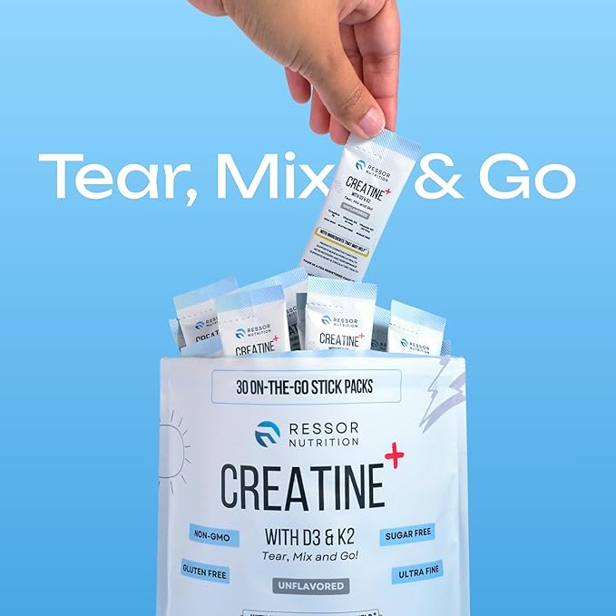 Ressor Creatine Monohydrate Powder for Men and Women 5g Micronized Creatine Travel Packs with Vitamin D3 2400 IU and Vitamin K2 120mcg