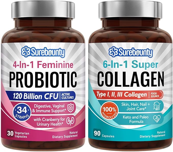 Probiotic + Collagen Bundle 4-in-1 Feminine Probiotic (30ct) &amp 6-in-1 Super Collagen (90ct) 2 Packs Cranberry Digestive &amp Healthy Aging Support Non-GMO