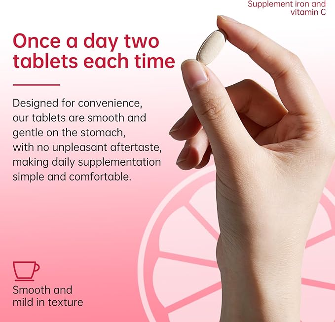 Daily Iron Supplement Tablets Iron 60 mg with Vitamin C 250 mg Support The Production of Healthy Red Blood Cells Gentle Absorption Formula 60 Servings