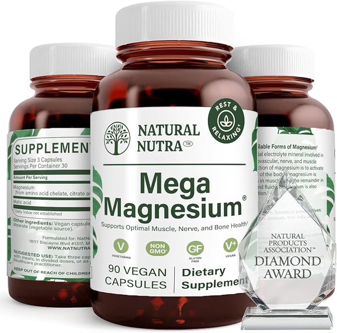 Natural Nutra Mega Magnesium 400mg Supplement - High Absorption Amino Acid Chelate Citrate Malate Blend for Muscle Growth Bone Strength Heart Health Nerve Support - 90 Capsules (Pack of 2)