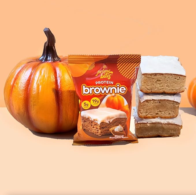 Prime Bites High Protein Brownie (12 Per Box Glazed Pumpkin Spice) - 19g of Protein 5g of Collagen Gluten Free Low Sugar Treat Delicious Protein Snack