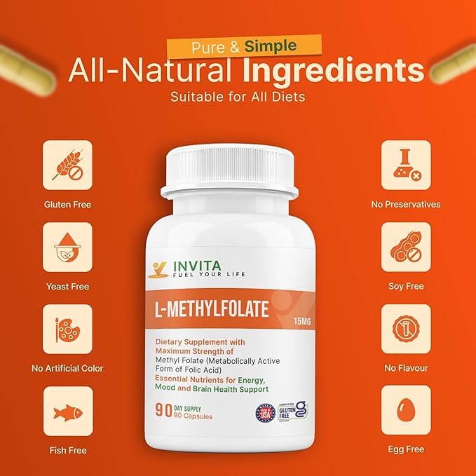INVITA L-Methylfolate 15mg – Physician Formulated Active Methyl Folate - 5-MTHF Supplement for Energy Mood &amp Brain Health Support - Non GMO Gluten Free 90 Capsules (3 Month Supply)