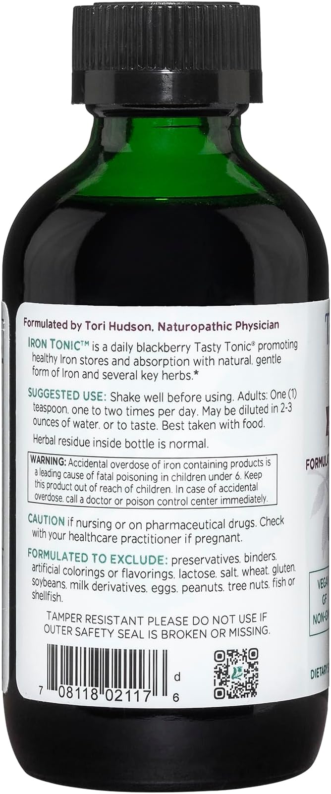 Vitanica Iron Tonic Liquid Iron Supplement Red Blood Cell Support Vegan 4 Ounce