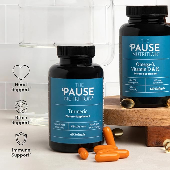 The 'Pause Life Turmeric + Omega 3 with Vitamin D &amp K2 Supplements Bundle Bone Joint &amp Immune Support Natural Ingredients Gluten Free Dairy Free Unflavored Softgels 60 &amp 120 Count