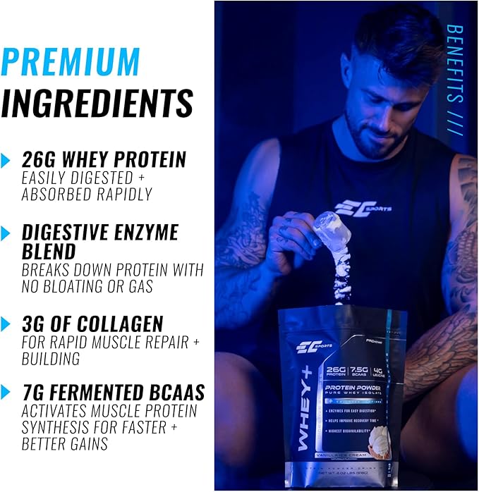 EC Sports Whey Protein Powder Vanilla Ice Cream Mix w/Digestive Enzymes - Isolate Supplement Collagen Peptides w/Swift Reform - 25 Servings