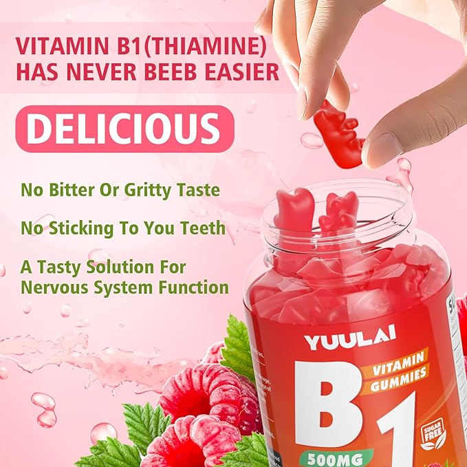Pack of 2 Vitamin B1 Gummies 500mg for Adults &amp Kids Thiamine B1 Supplement with Magnesium Vitamin B1 Supplement for Nervous System Supports &amp Boost Energy Raspberry Flavor 120 Count