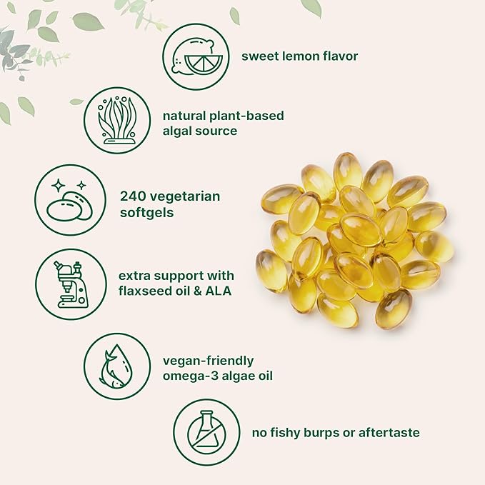 Micro Ingredients Vegan Omega 3 Algae Oil 240 Veggie Softgels | Fish Oil Alternative | DHA 500mg &amp DPA 100mg | Carrageenan Free | Plant-Based Omega 3 with Flaxseed &amp ALA | Lemon Flavored