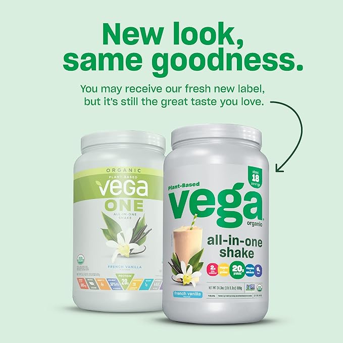 Vega Organic All-in-One Vegan Protein Powder Plain Unsweetened - Superfood Ingredients Vitamins for Immunity Support Keto Friendly Pea Protein for Women &amp Men 13.5 oz (Packaging May Vary)