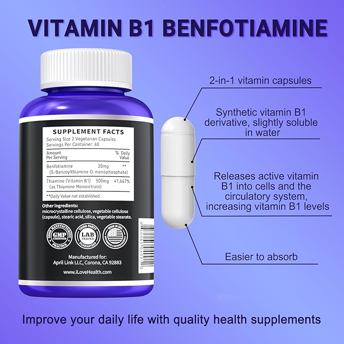 Benfotiamine 600mg Plus 20mg Vitamin B1 and Vitamin B1 500mg with Benfotiamine 20mg120 Capsules
