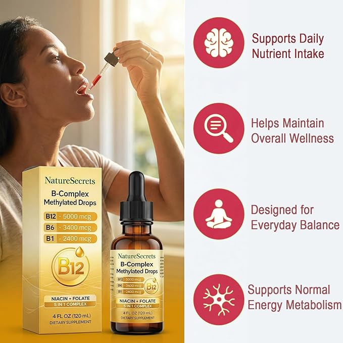 NATURESECRETS B-Complex Methylated Drops with B12 B6 B1 Fast Sublingual Absorption Essential B Vitamins for Energy &amp Nervous System Support Raspberry Flavor 120 mL / 4 fl oz