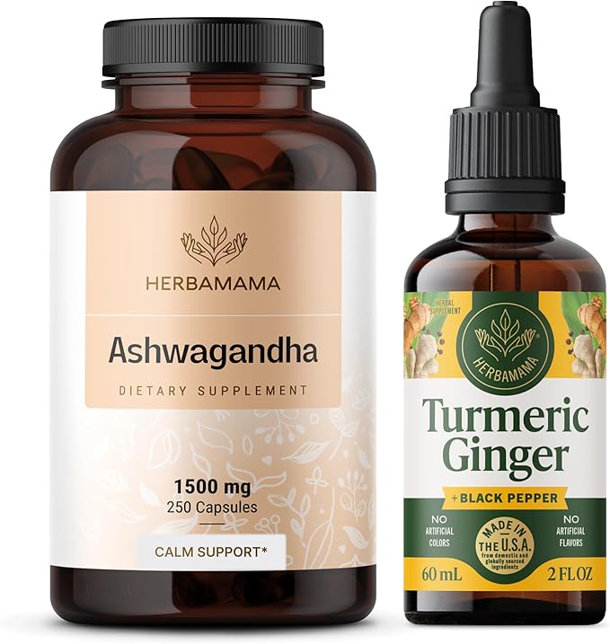 HERBAMAMA Ashwagandha and Turmeric Ginger Kit - Bundle of 1500 mg Ashwagandha Root Capsules &amp Turmeric Ginger Tincture 2 fl oz - Vegan Non-GMO Sugar &amp Alcohol-Free - 2 Pack
