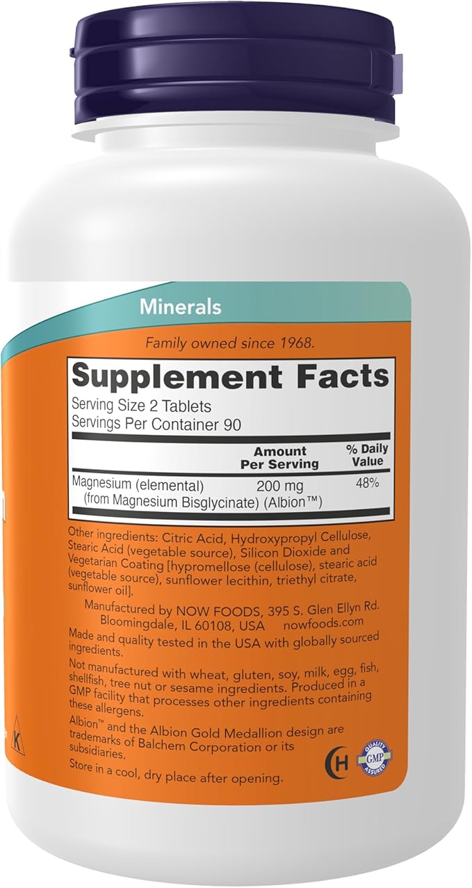 NOW Foods Supplements Magnesium Glycinate 100 mg Highly Absorbable Form 180 Tablets
