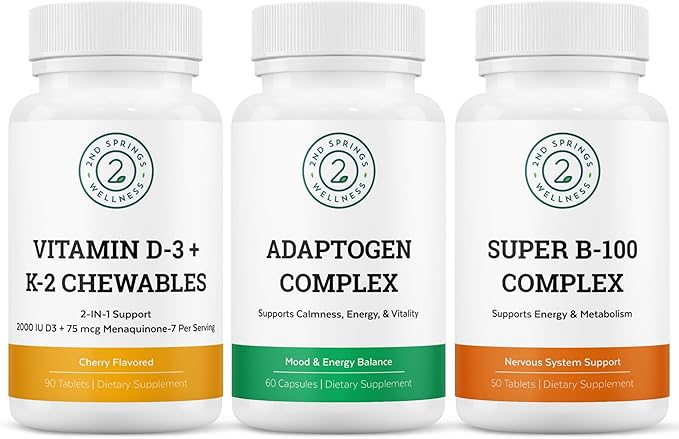 Adaptogen Complex Vitamin D3+K2 Chewables &amp Super B-100 Complex Bundle