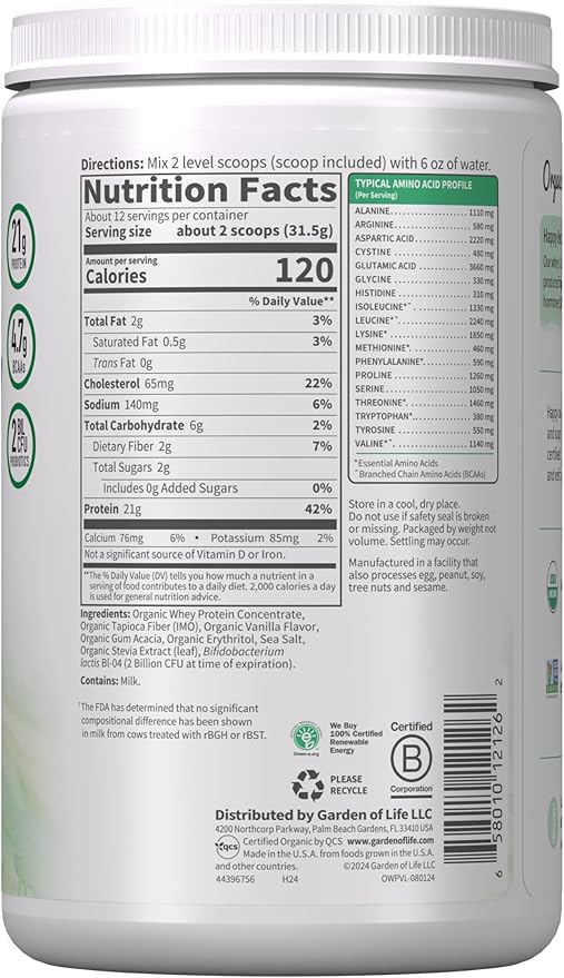 Garden of Life Grass Fed Whey Protein Powder Vanilla - 21g Protein for Women &amp Men + Probiotics - 12 Servings - Gluten Free Non GMO Kosher Humane RBST &amp rBGH Hormone Free