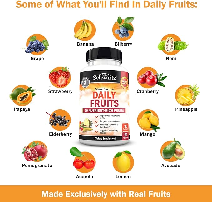 BioSchwartz Daily Fruits and Veggies Supplement for Women and Men (1 Month Supply) Plus Bone Strength Mineral Supplement with Calcium and Magnesium (1 Month Supply)