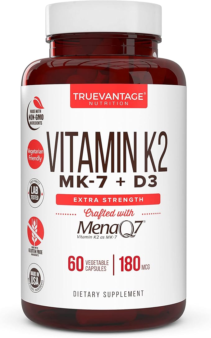 Vitamin K2 D3 Supplement 5000 IU D3 and 180 mcg Vitamin k2 MK7 Supplement for Healthy Bones Healthy Heart &amp Cardiovascular Health-60 Easy to Swallow Vegetable caps of MenaQ7 K2 MK7
