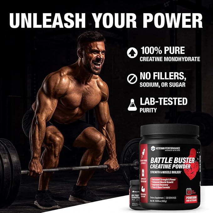 Battle Buster Creatine Monohydrate Powder – 100% Pure No Fillers – Strength Power &amp Recovery – Lab-Tested Quality – 300g 30 Servings