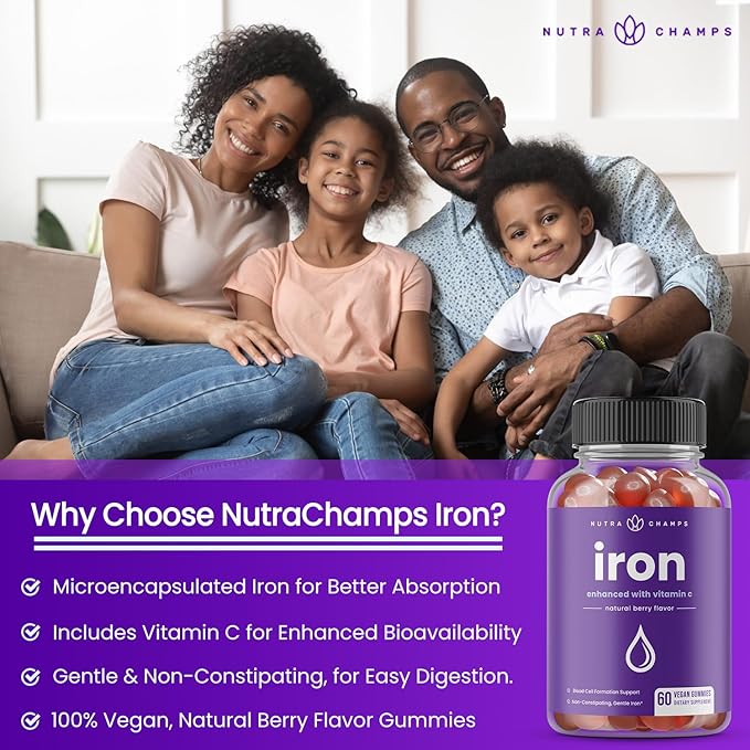 NutraChamps Iron Gummies with Vitamin C 20mg Iron Blood Cell Formation Support 120 Gummies for Iron Deficiency &amp Anemia Energy Focus Immune Boost Pack of 2