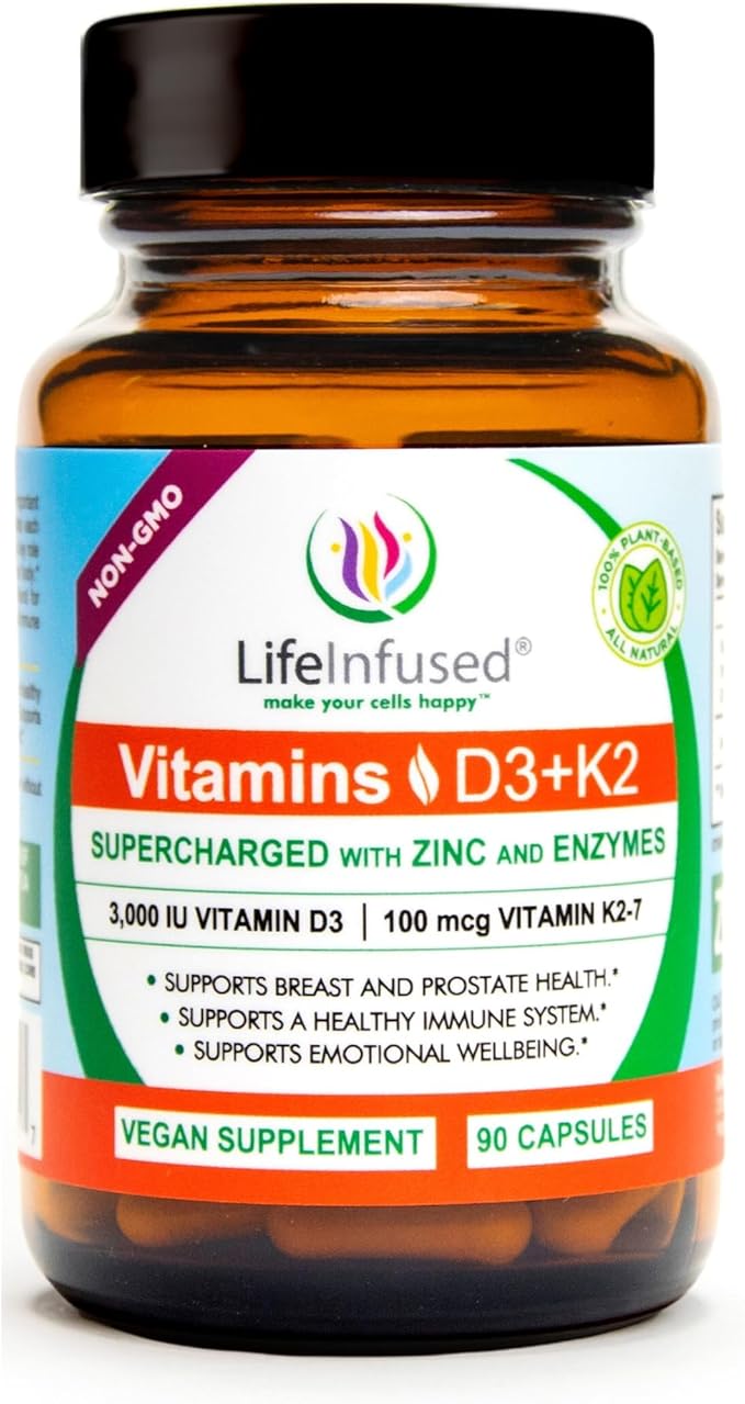 Life Infused Vitamin D3 + K2 Supplement with Zinc &amp Enzymes — 3000 IU D3 MK-7 K2 Immune &amp Bone Support Enhanced Absorption Non-GMO Vegan Capsules 90 Count