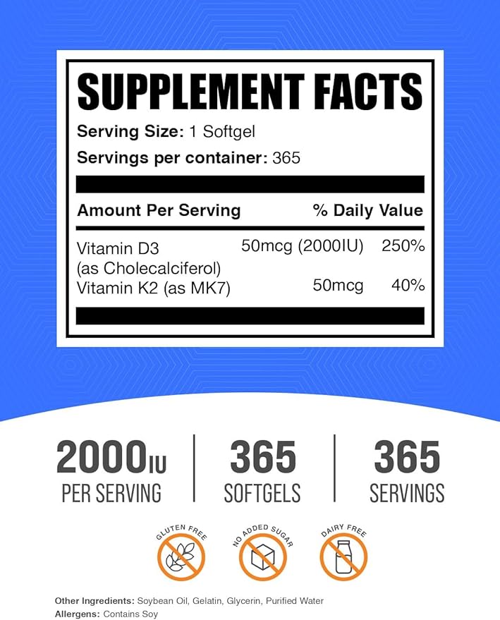 BulkSupplements.com Vitamin D3 + Vitamin K2 Softgels - D3 K2 Vitamin Supplement - Gluten Free 1 Softgel per Serving (2000IU) 365 Count (Pack of 1)