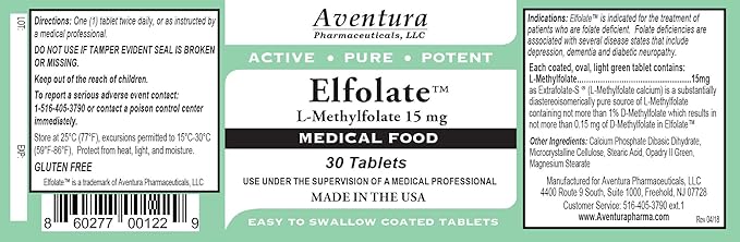 ELFOLATE® 15mg 3 Pack L-Methylfolate Methyl Folate Methylfolate Medical Food Supplement Professional Strength Active Pure Potent 30 Tablets