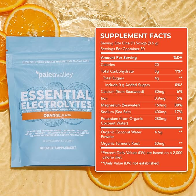 Paleovalley Essential Electrolytes Powder - Full Spectrum Orange Electrolyte Powder for Hydration Energy and Muscle Recovery - No Sugar Added - 30 Servings
