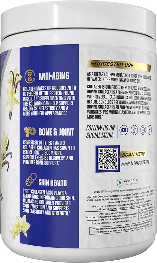 Alpha Supps Premium Hydrolyzed Collagen Protein Powder - Collagen Peptides Supplement for Men &amp Women with Digestive Enzymes - 30 Servings (French Vanilla)
