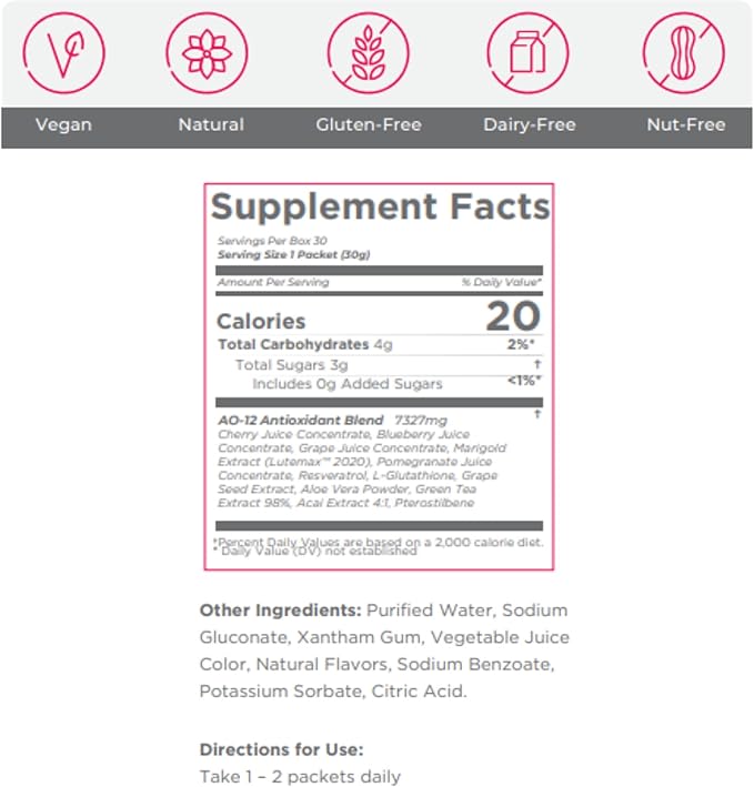 AO12 Antioxidant Gel | 30 Packets | Royal Berry Flavor | 12 Antioxidants with Resveratrol Glutathione &amp Green Tea | Convenient Daily Use Format