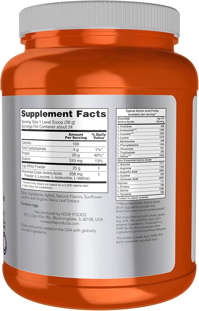 NOW Sports Nutrition Egg White Protein 20 G With BCAAs Creamy Vanilla Powder 1.5-Pound