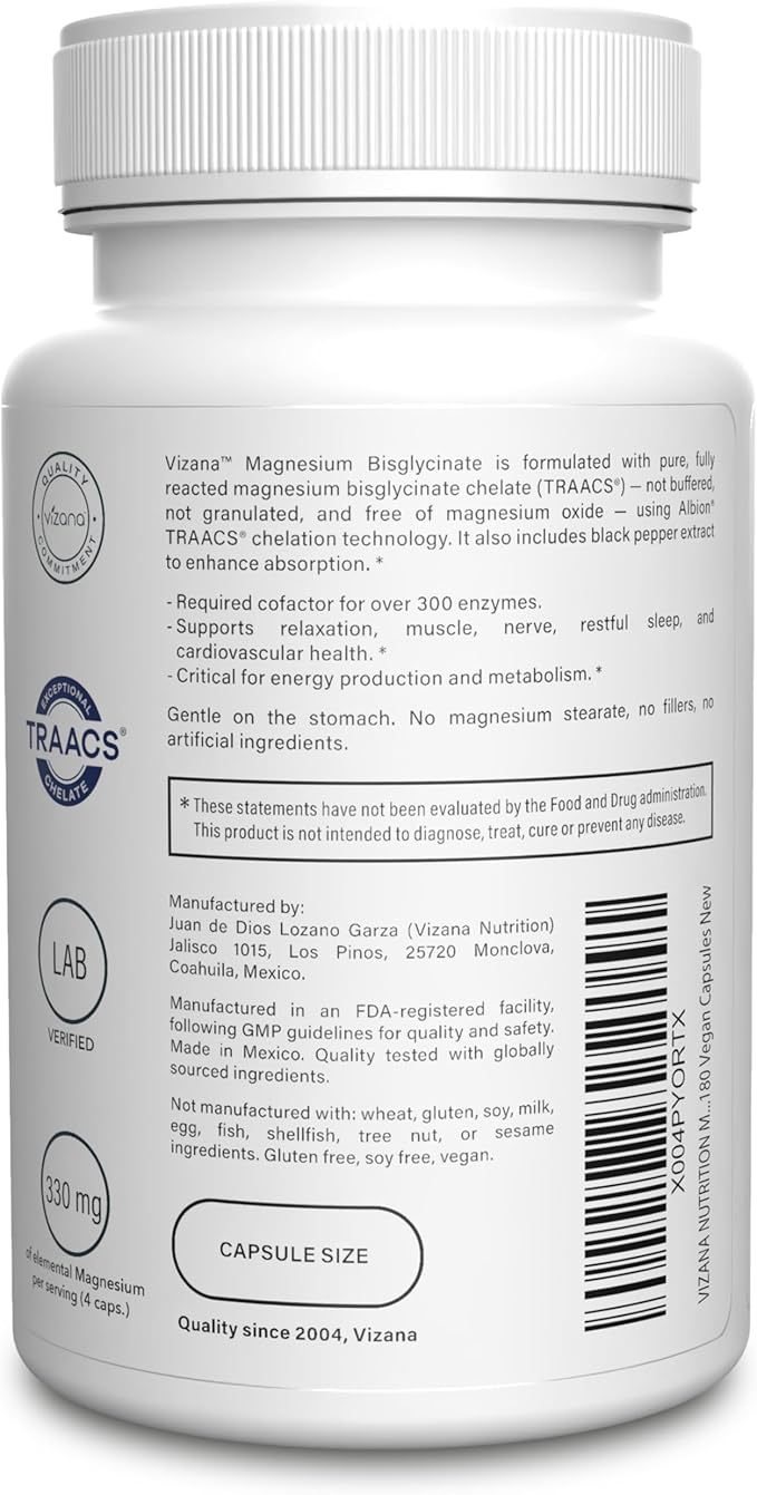 Magnesium Bisglycinate – 100% Pure Albion® TRAACS® Chelate – 330mg Elemental Magnesium – Non-Buffered No Oxide Gentle on Stomach – 180 Vegan Capsules