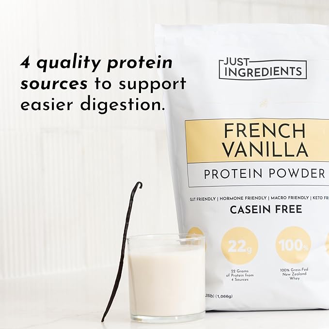 JUST INGREDIENTS French Vanilla Protein Powder – 30 Serving Bag – Grass-Fed Whey &amp Plant Protein Blend with Real Vanilla Bean – Sweetened with Coconut Sugar &amp Monk Fruit Non-GMO Gluten-Free