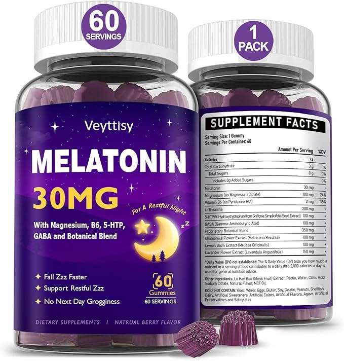 Melatonin 30mg Gummies for Adults - Sugar Free Melatonin Gummies Maximum Strength with Magnesium B6 GABA &amp Botanical Blend - Non-Habit FormingVegan Non GMO Natural Mixed Berry Flavor