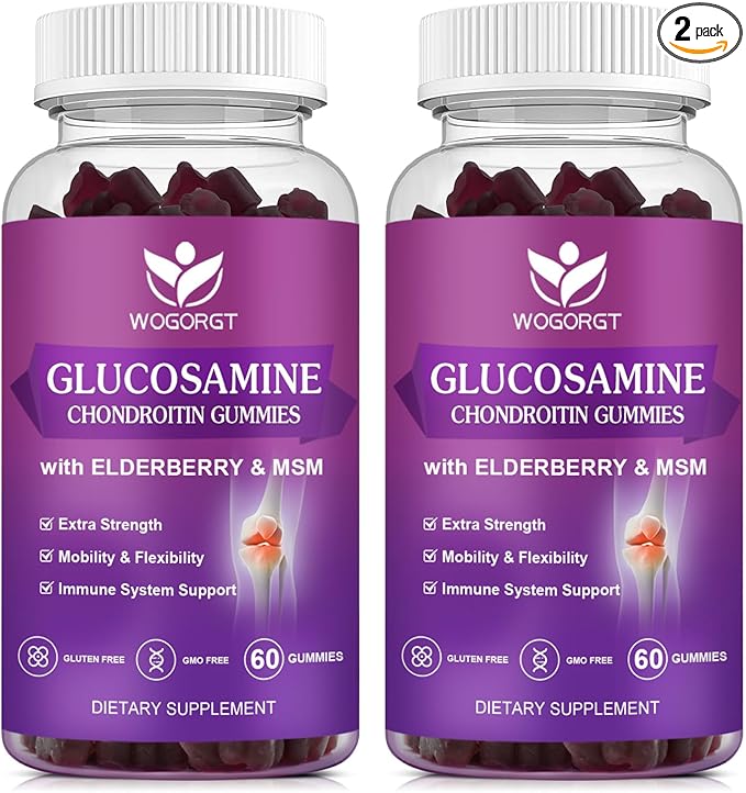 WOGORGT Glucosamine Chondroitin Gummies for Women &amp Men - 1500mg Glucosamine Chondroitin with MSM &amp Elderberry - Flexibility &amp Immune Support - 60 Gummies (2 Pack)