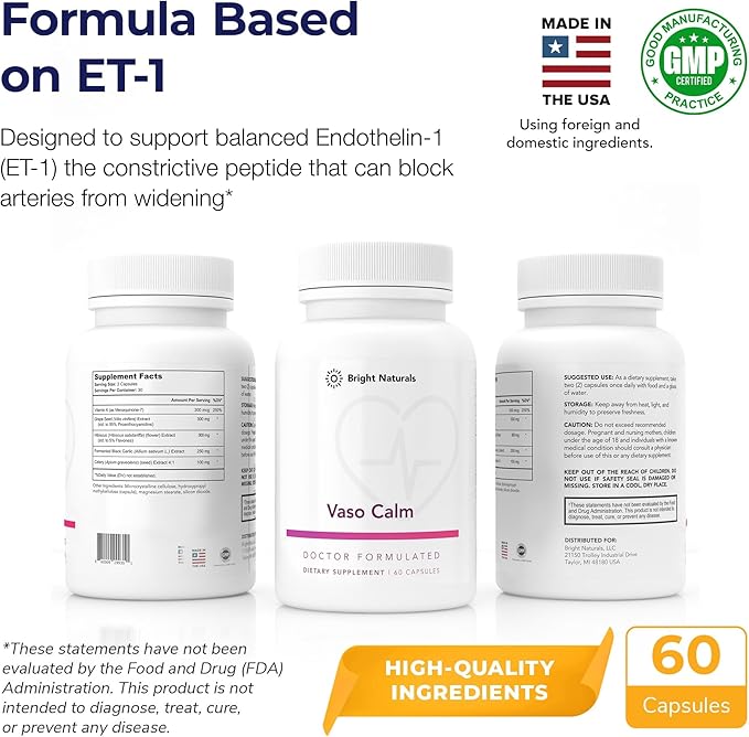 Vaso Calm - Healthy Blood Balance Supplement - Features Fermented Garlic Celery and Grape Seed Extract Hibiscus and Vitamin K2 - Made in the USA 60 Capsules