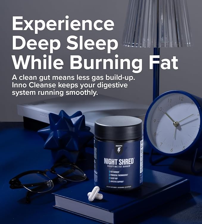 InnoSupps Night Shred Fat Burner and Natural Sleep Support | Ashwaganda 5-HTP CLA Melatonin | Appetite Suppressant | Weight Loss Support Nighttime Fat Burning (60 Vegetarian Capsules)