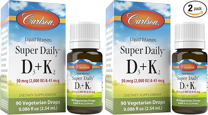 Carlson - Super Daily D3 + K2 50 mcg D3 + 45 mcg MK-7 Heart &amp Bone Health 90 Liquid Drops 2.54 ml (Pack of 2)
