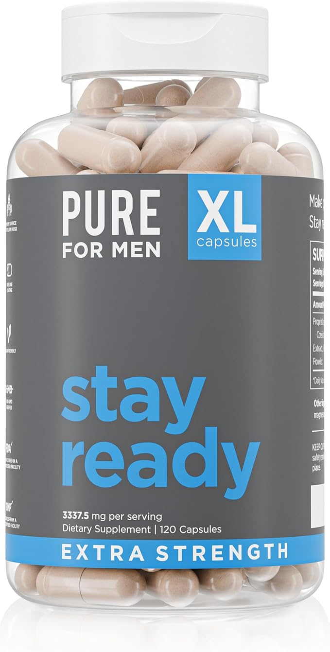 Pure for Men Stay Ready Fiber Extra Strength Supplement | Digestive Regularity | Bowel Movement &amp Gut Health Support | Vegan Cleanliness | Proprietary Formula | 120 Vegan XL Capsules